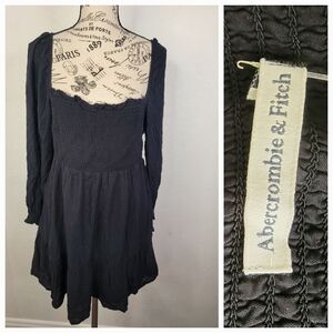 Abercrombie and fitch Mini Dress Sz Large Square Neck Smocked Long sleeve Black